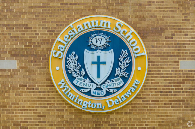 School crest at Salesianum School in the Triangle neighborhood.