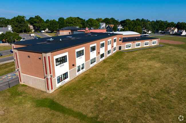 The rear of East Syracuse Elementary School has a view of athletic fields.