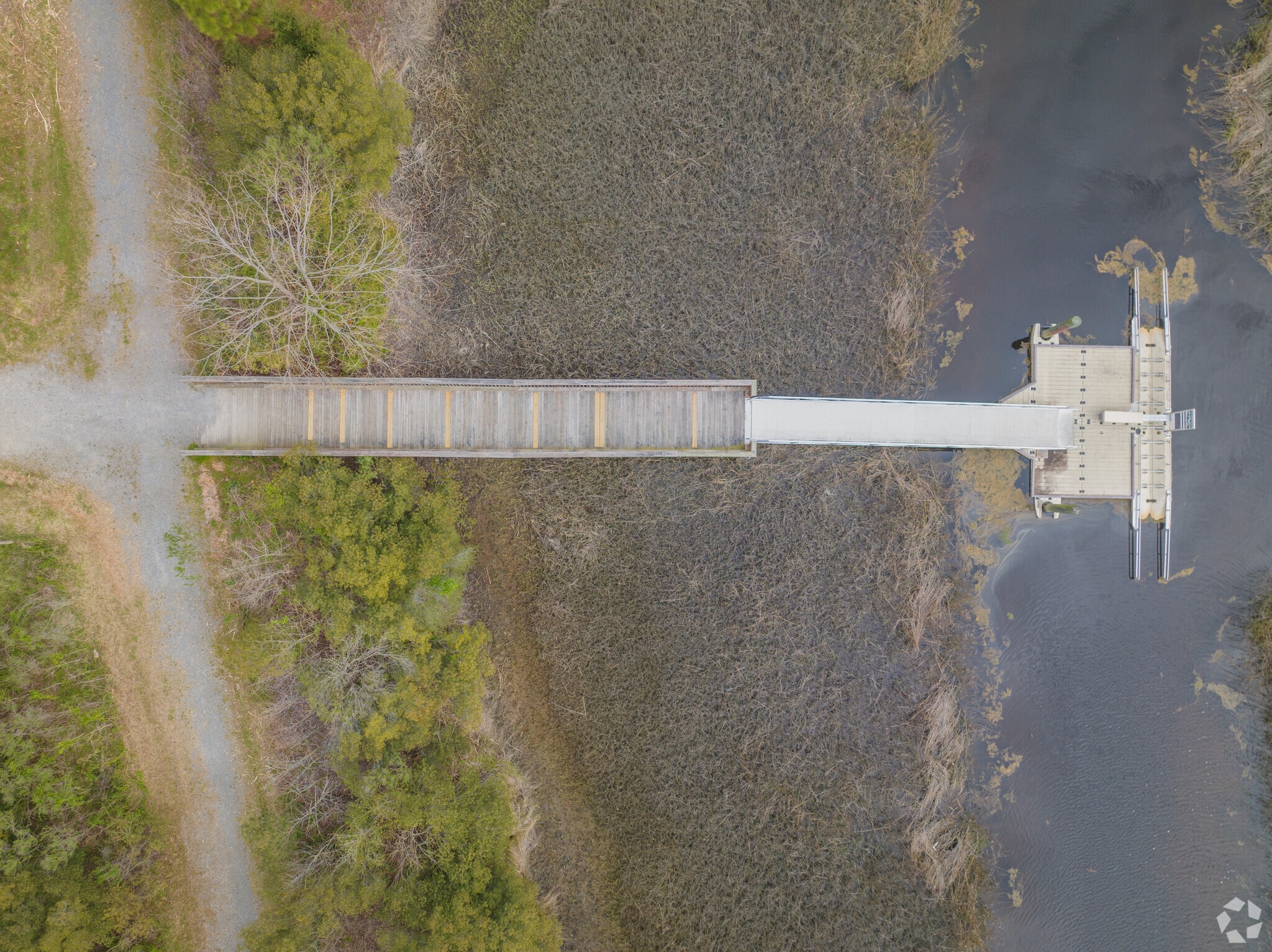 Aerial view of kayak launch of Paradise Creek Park