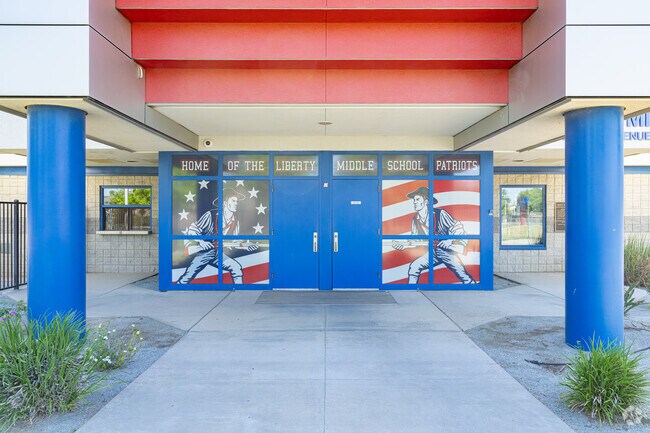 Large window signs add character to the entrance to Liberty Middle School in Lemoore.