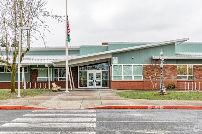 York Elementary School's modern design in Vancouver, WA, has an angled roof marking the entry.
