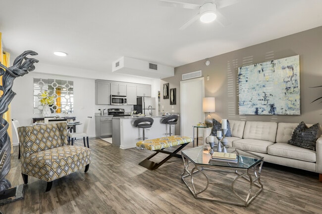 Renovated I Living room with hard-surface vinyl plank flooring