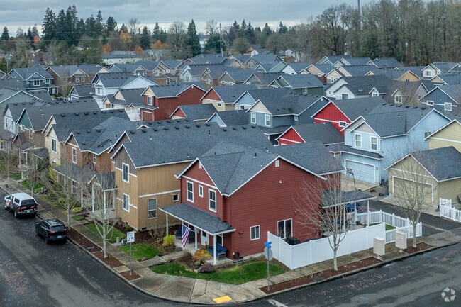 The streets of Battle Ground are lined with beautifully colored homes.
