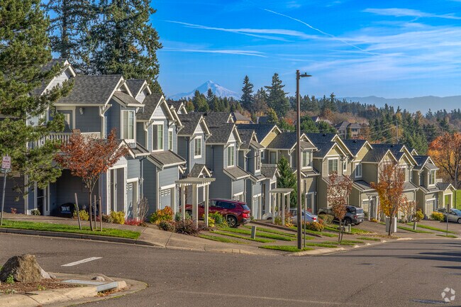 Rows of modern townhomes atop Parker Crest offer views of Mt. Hood.