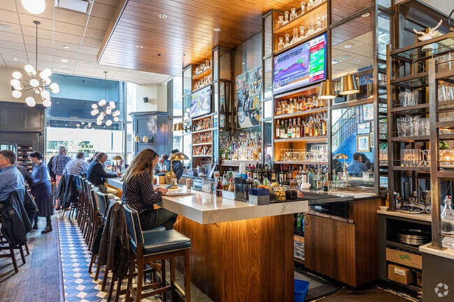 The bar at Max Downtown in Downtown Hartford features a wide selection of whiskies.