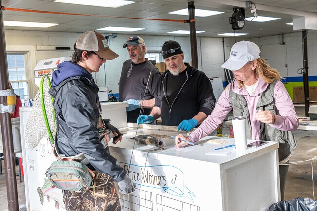 Fishermen weigh their catch at the Riverton Fire Department.