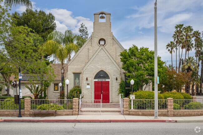 Beautiful church building with red door seen in Downtown Hemet.