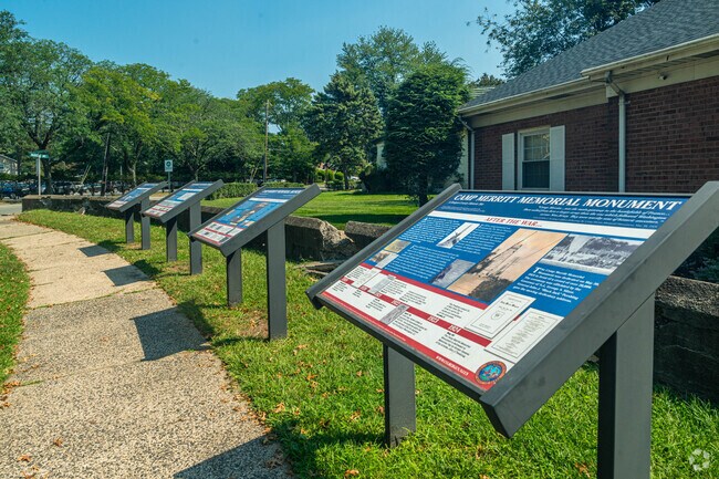 Placards surround the Camp Merritt Memorial Monument in Cresskill, NJ.