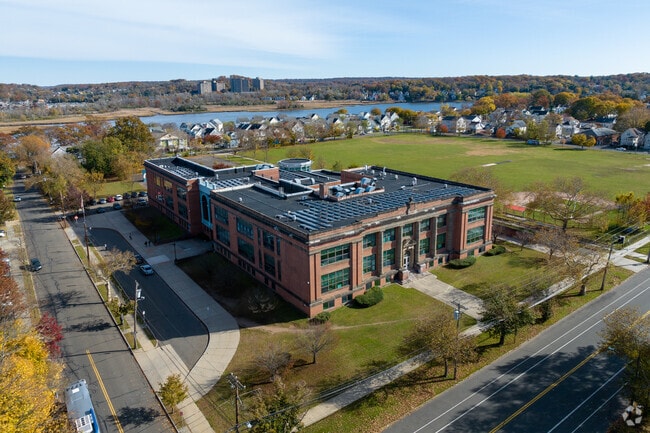 Quinnipiac River flows in the distance of Clinton Avenue School in Fair Haven.