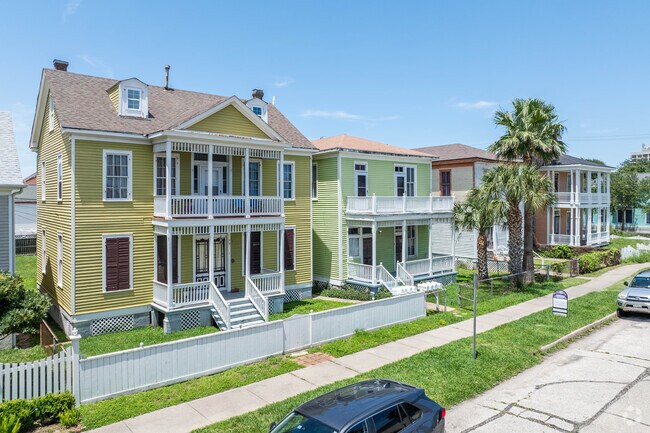 A row of victorian homes in the East End Historic District of Galveston Island.