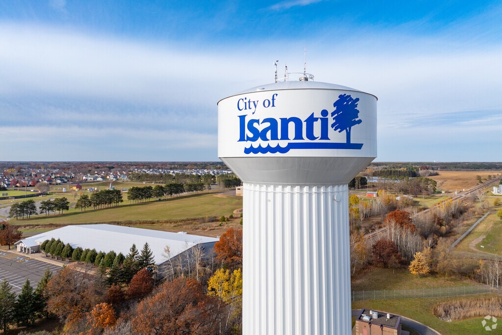 The City of Isanti water tower stands as a landmark above scenic neighborhoods.
