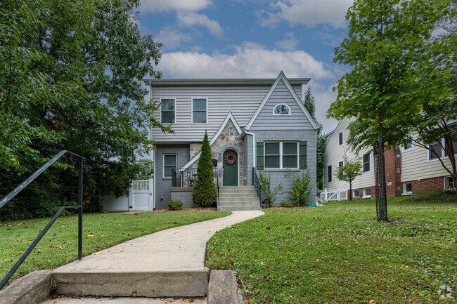 A cute house sits on a hill in the Hillcrest neighborhood of southeast Washington, DC.