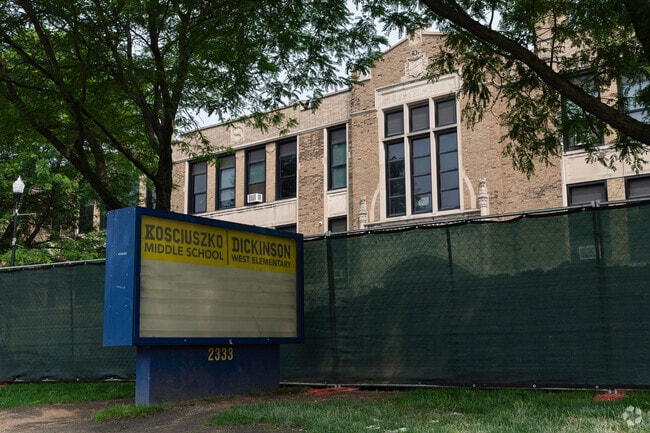 Kosciuszko School front entrance and sign in Hamtramck.