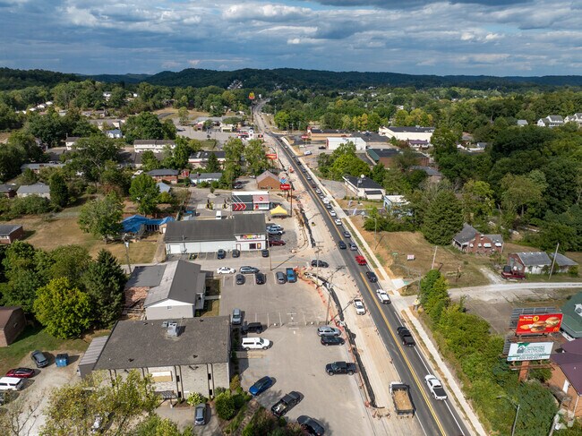 An overhead view of the Cross Lanes business area nestled in the beautiful hills.