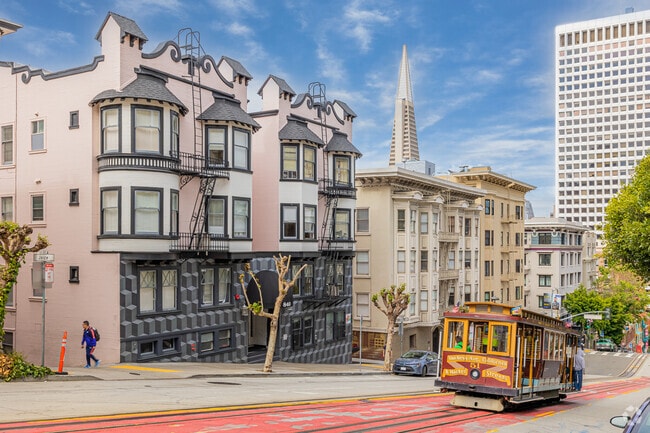 Cable cars cross Union Square, serving much of downtown San Francisco.