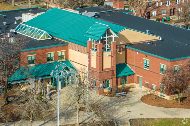The main entrance to the Charlotte M. Murkland Elementary School in Lowell, MA.