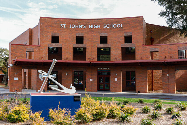 The entrance of St. Johns High School is welcoming.