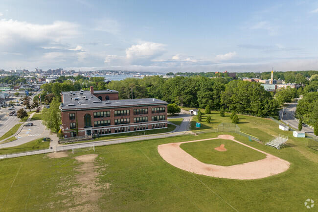 Aerial view of the Mahoney Middle School and sports field.
