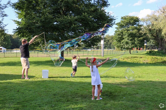 Children delight in bubble-filled fun during the Hamilton Summer Concert Series, adding a playful and festive touch to the lively outdoor music events.