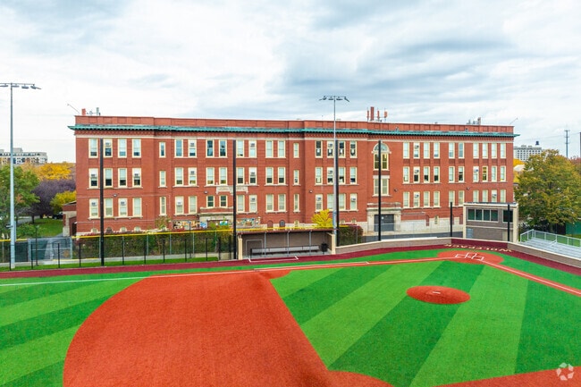 Smyth J Elementary School features an open green space and a playground.