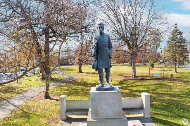 A statue of Robert H. Milroy is featured in Milroy Park.