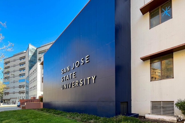 Blue sign at San Jose State University in San Jose Sun neighborhood.