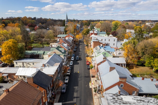 An aerial view looking up German Street in Shepherdstown.