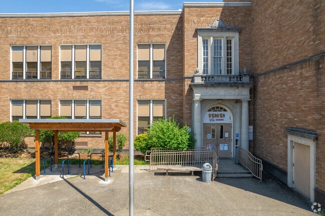 The main entrance and cover bike parking at the Cesar Chavez K-8 School.