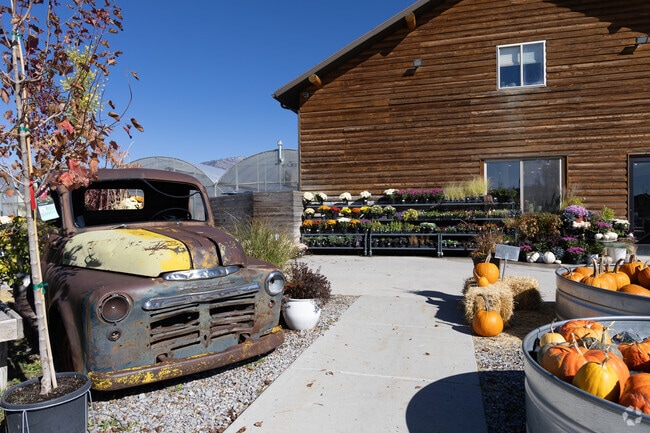 Rustic autumn charm — an old farm truck, fresh blooms, and a harvest of pumpkins rest under a clear blue sky.
