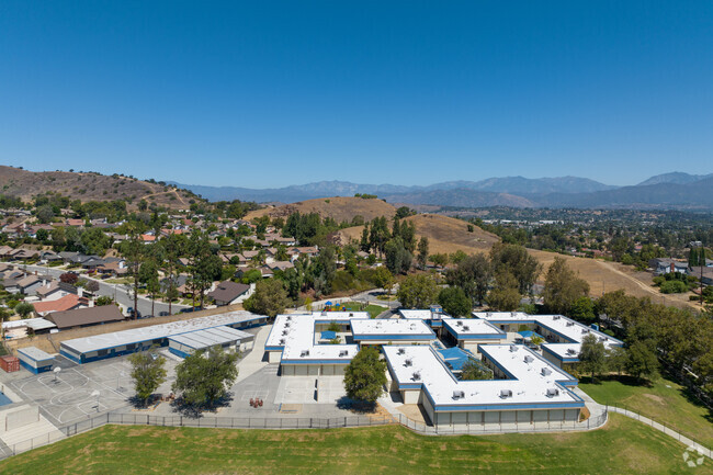 An aerial view of Decker Elementary nestled in Phillips Ranch, CA.