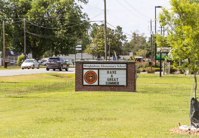 Brick signage at the entrance to Wrightsboro Elementary School keeps parents updated.