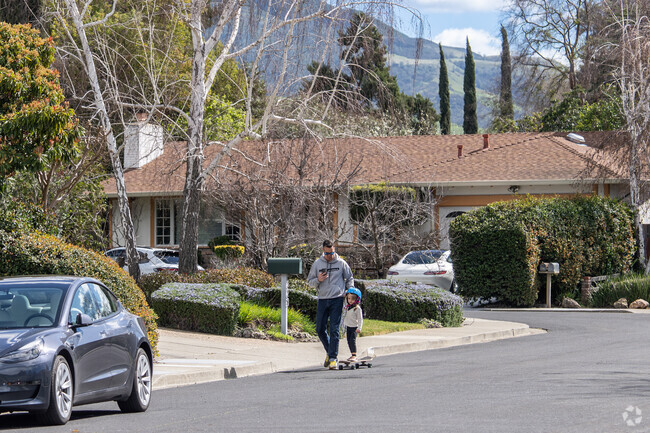 A father and daughter take a leisurely walk through the neighborhood, enjoying the peaceful surroundings.