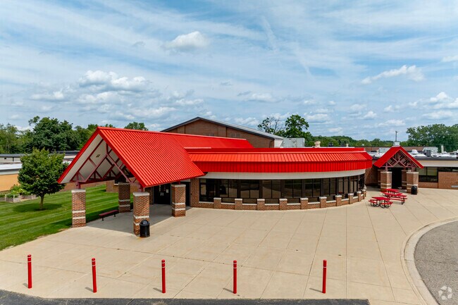 Vandercook Lake High School's roof sports the bright team color of the Vandercook Lake Jayhawks.