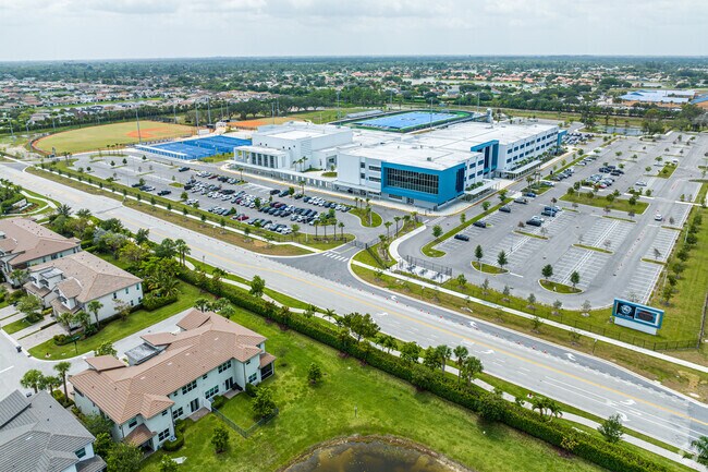 A bird's eye view of the large campus of Dr. Joaquin Garcia High School in Delray Beach, FL.