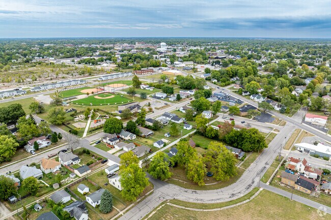 The Thomas Park - Avondale neighborhood with Downtown Muncie in the background.