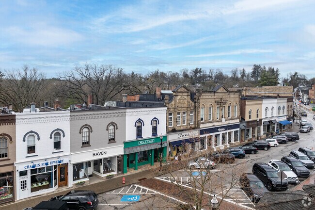 A view of the shops along the Triangle Park area of Chagrin Falls.