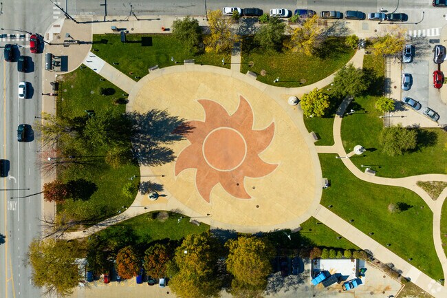Juarez Community Academy High School features a solar design in the front courtyard.