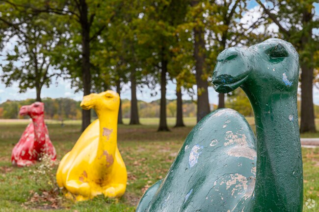 Sculptures found throughout Rouge River Park bring color and life to neighboring Weatherby.
