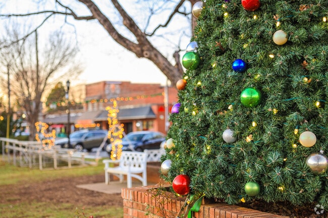 Gibsonville glows with garlands and ornaments in December.