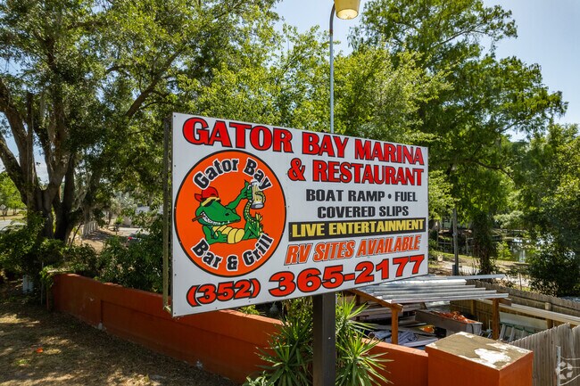 Its hard to miis the entry sign to Gator Bay Marina Bar and Grill in Lake Yale.