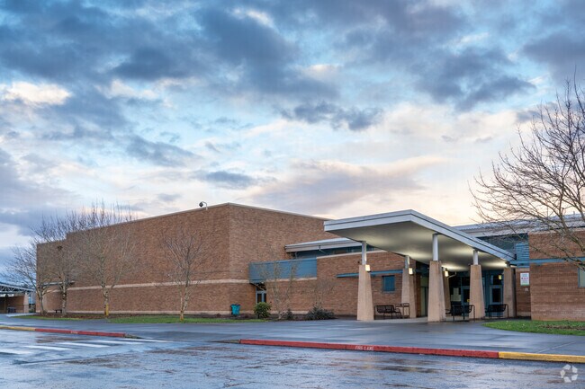 Side view of student entrance of Shahala Middle School.