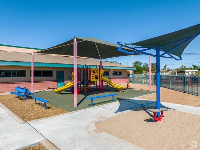 Students at Moya Elementary School can enjoy the vibrant playground during recess.