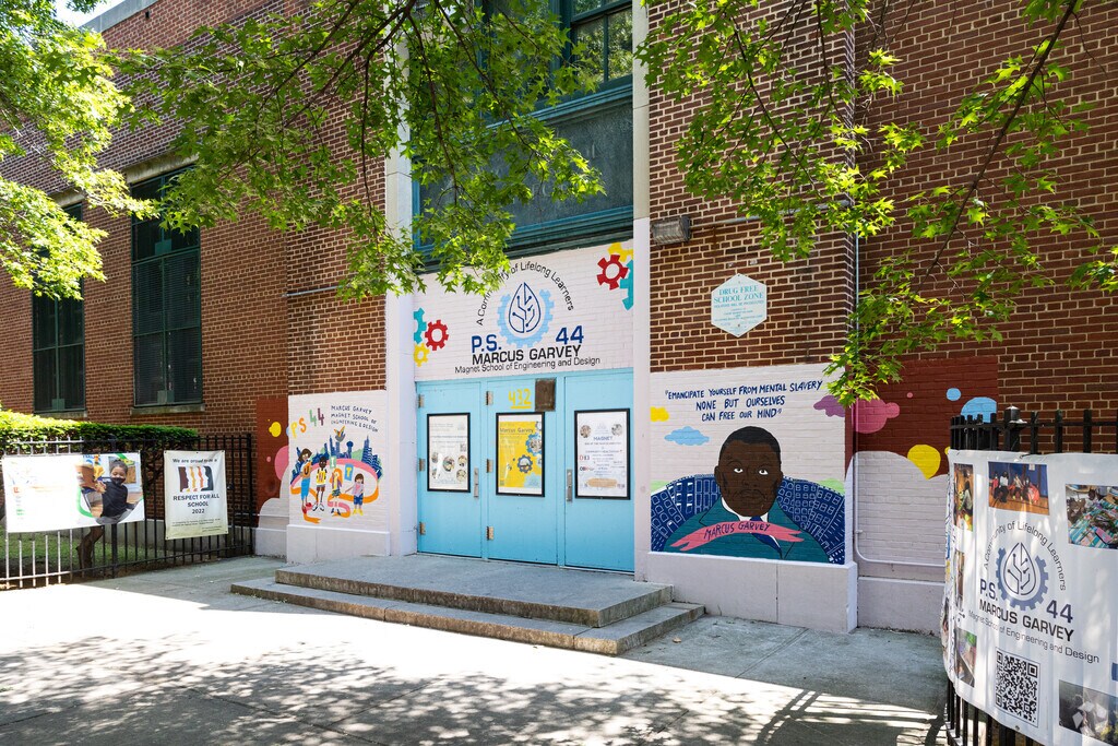 Original artwork adorns the entrance to P.S. 44 Marcus Garvey in Bedford-Stuyvesant, Brooklyn.