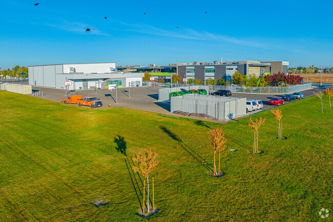 Birds soar over Futures High School as the sun rises over field.