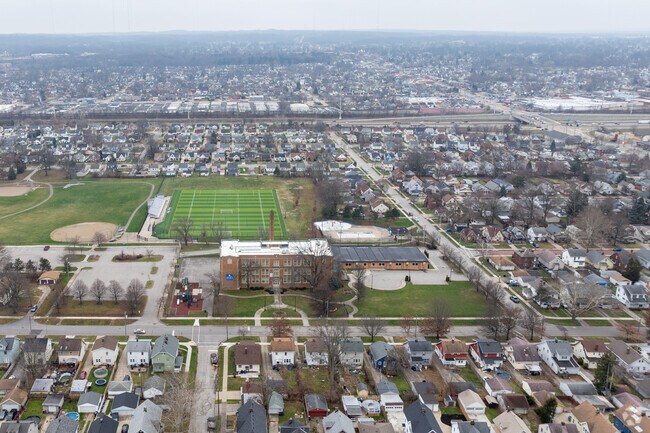 Aerial view of William C Bryant Elementary School and surrounding neighborhood.