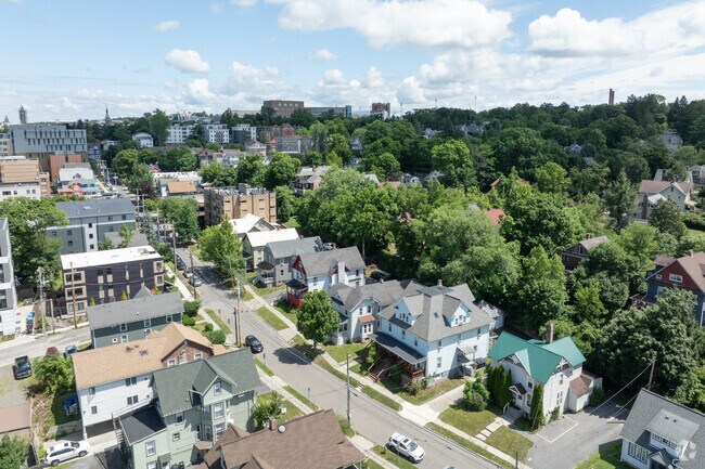 From Linden Ave in Bryant Park and Belle Sherman one can see up the hill to Cornell University.