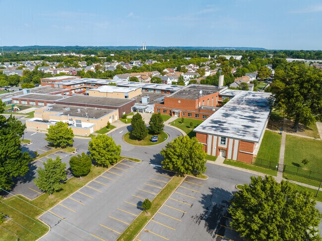 Drone photo of school campus and parking