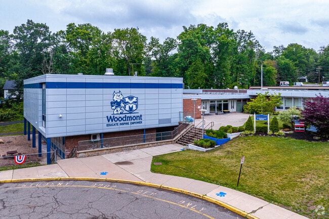 Front entrance and signage at Woodmont Elementary School.