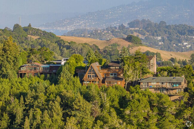 The homes at the top of the hills in Corte Madera are often of various styles with a view.