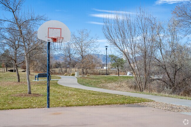 The basketball hoop at Leyden Creek Park in Arvada, Colorado